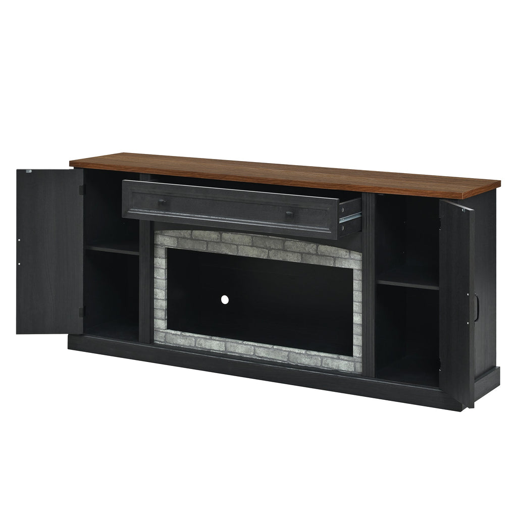 TV Stand Modern Walnut Top Gray Brick MDF Sliding Door Fits 70 In TV 66.9 In