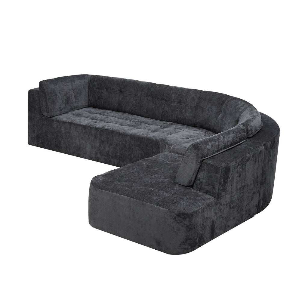 Sectional Sofa Curved L-Shape Chenille Gray 4 Seat 119 In Tufted