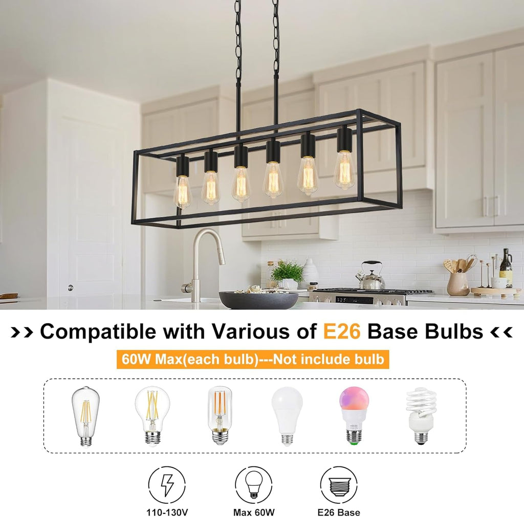 Six Light Black Linear Chandelier With Adjustable Height