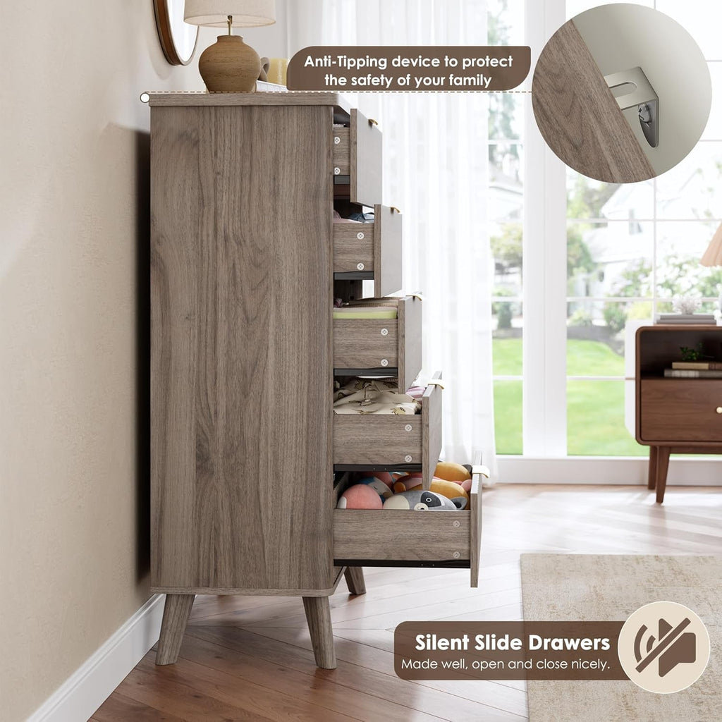 Grey Fluted Contemporary Five Drawer Bedroom Dresser
