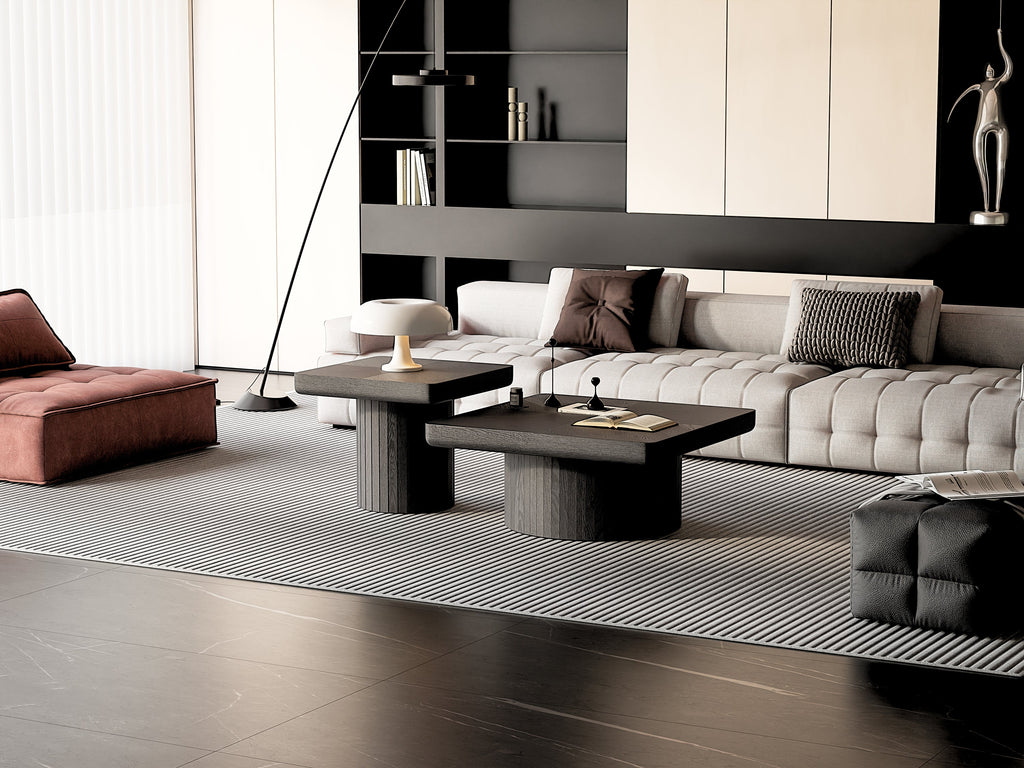 2-Piece Wood Nesting Coffee Tables, Fluted Pedestal, Living Room, Black