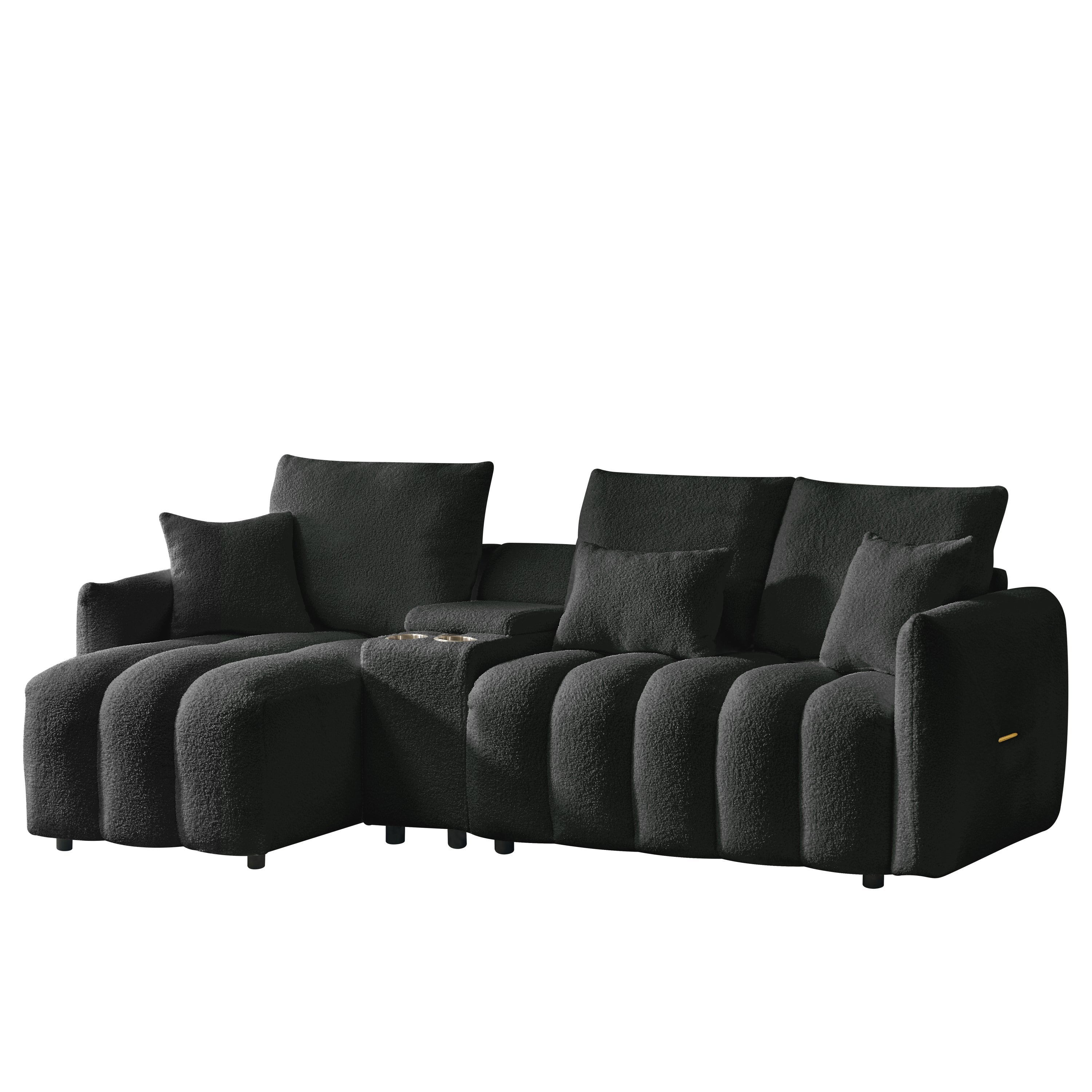 Sectional Sofa Cloud Teddy Fabric with Console USB Charger Cup Holders