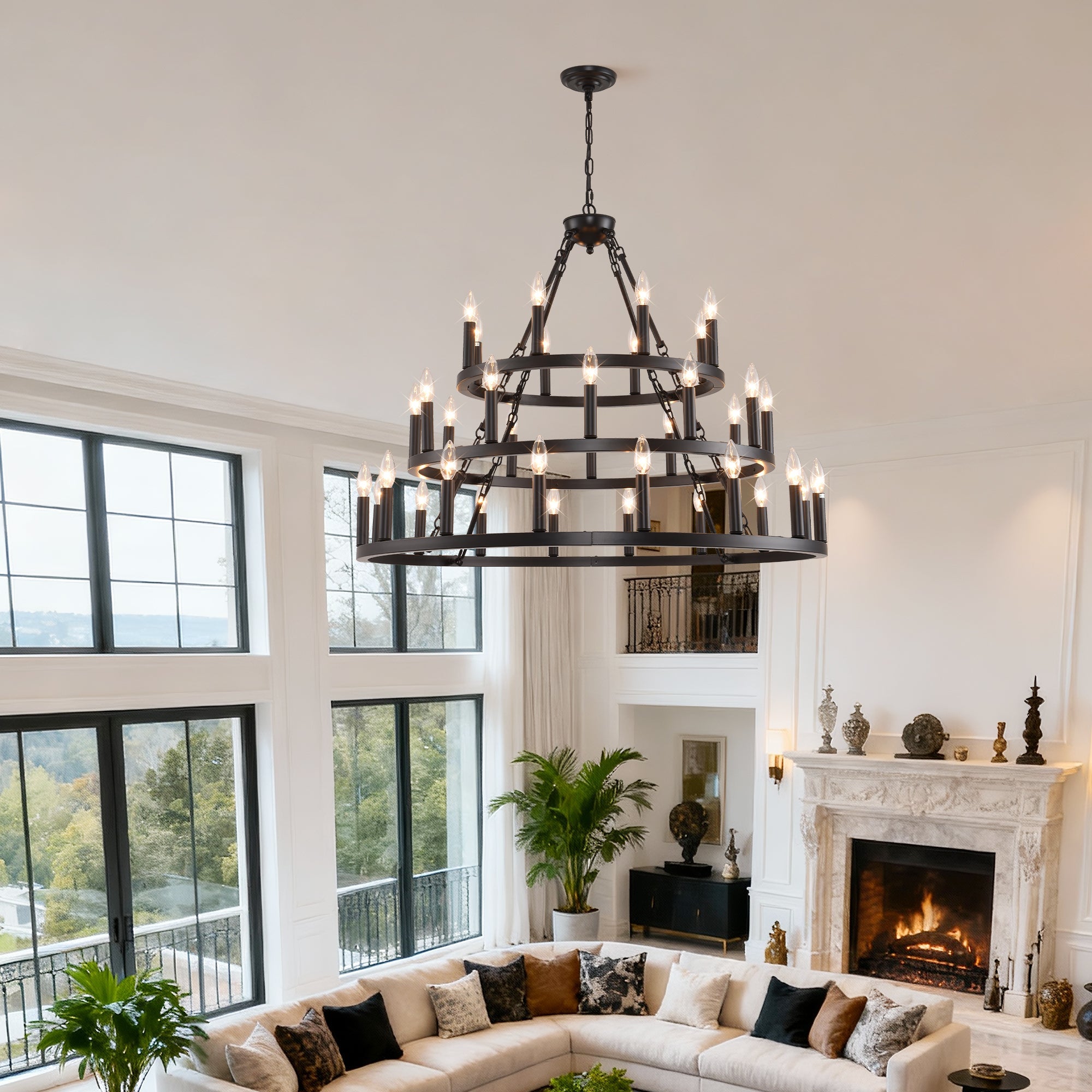 Chandelier Wagon Wheel 3-Tier 36-Light Black Metal 39.37 In Industrial