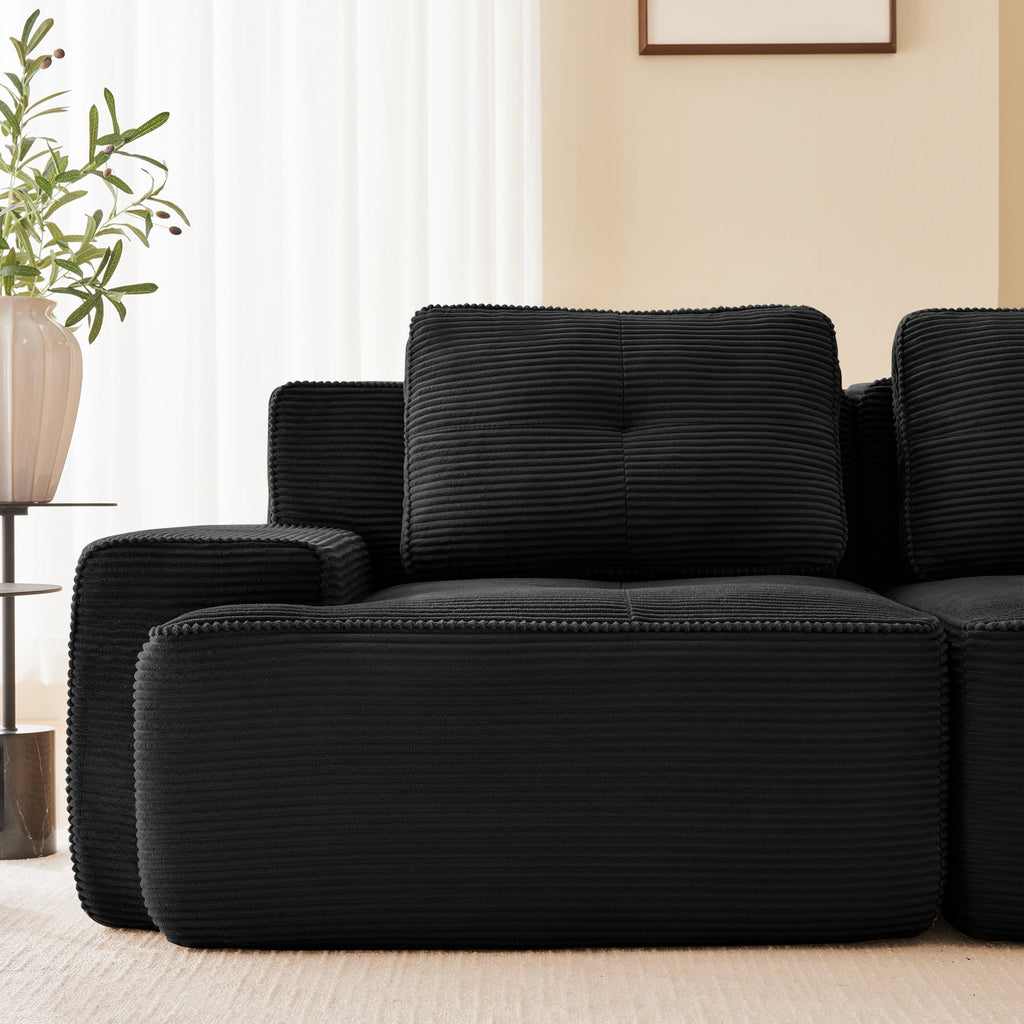 Sectional Sofa Modular Corduroy Black 3 Seater Tufted
