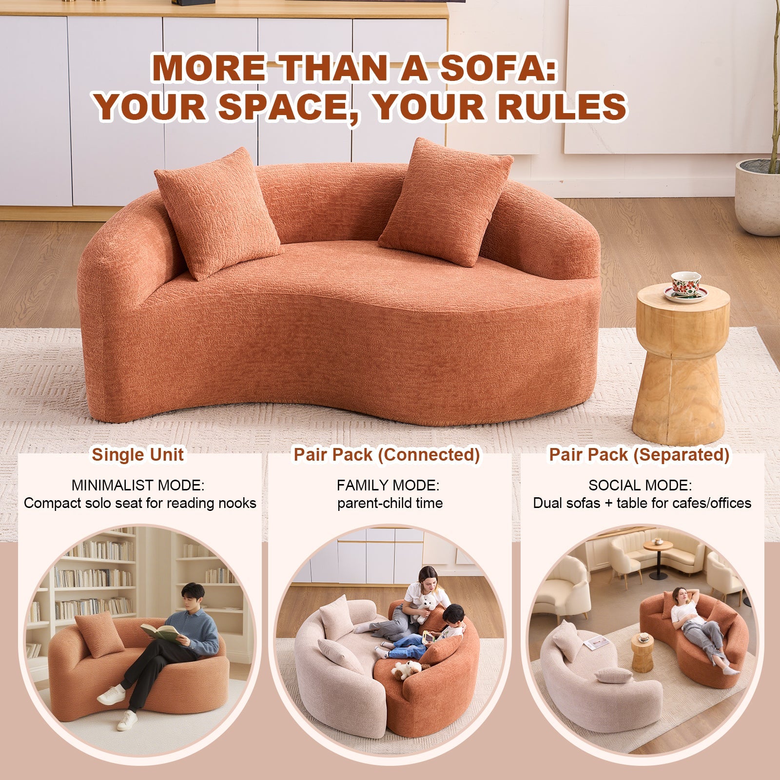 Sectional Sofa S Curve Chenille Coral Pink Dual Depth No Assembly Compact