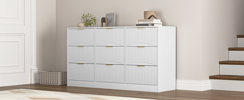 Dresser Classic 9-Drawer White Particle Board Gold Handles 63x15.74 In