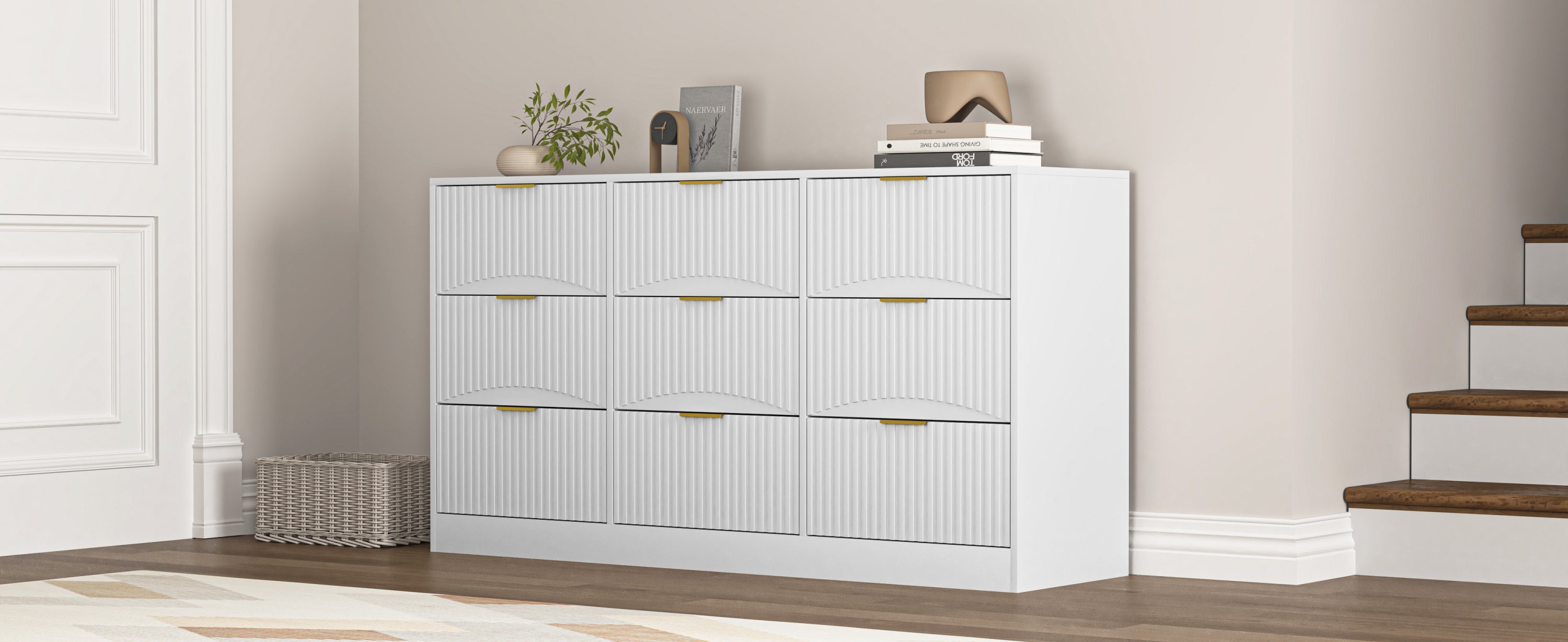 Dresser Classic 9-Drawer White Particle Board Gold Handles 63x15.74 In
