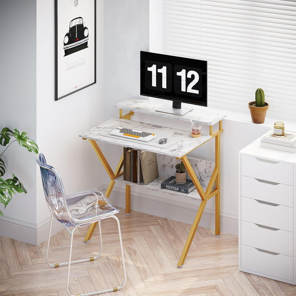 27.5 Inch Computer Desk With Monitor Stand And Storage White Marble Gold Leg
