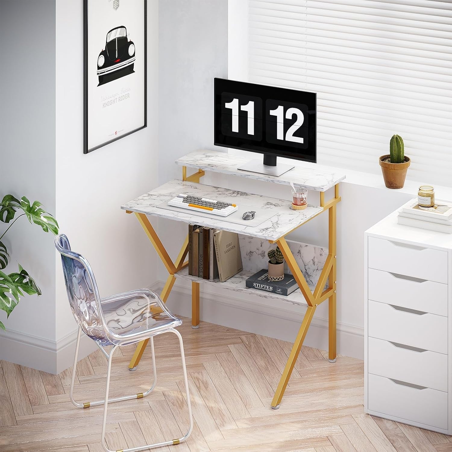 27.5 Inch Computer Desk With Monitor Stand And Storage White Marble Gold Leg
