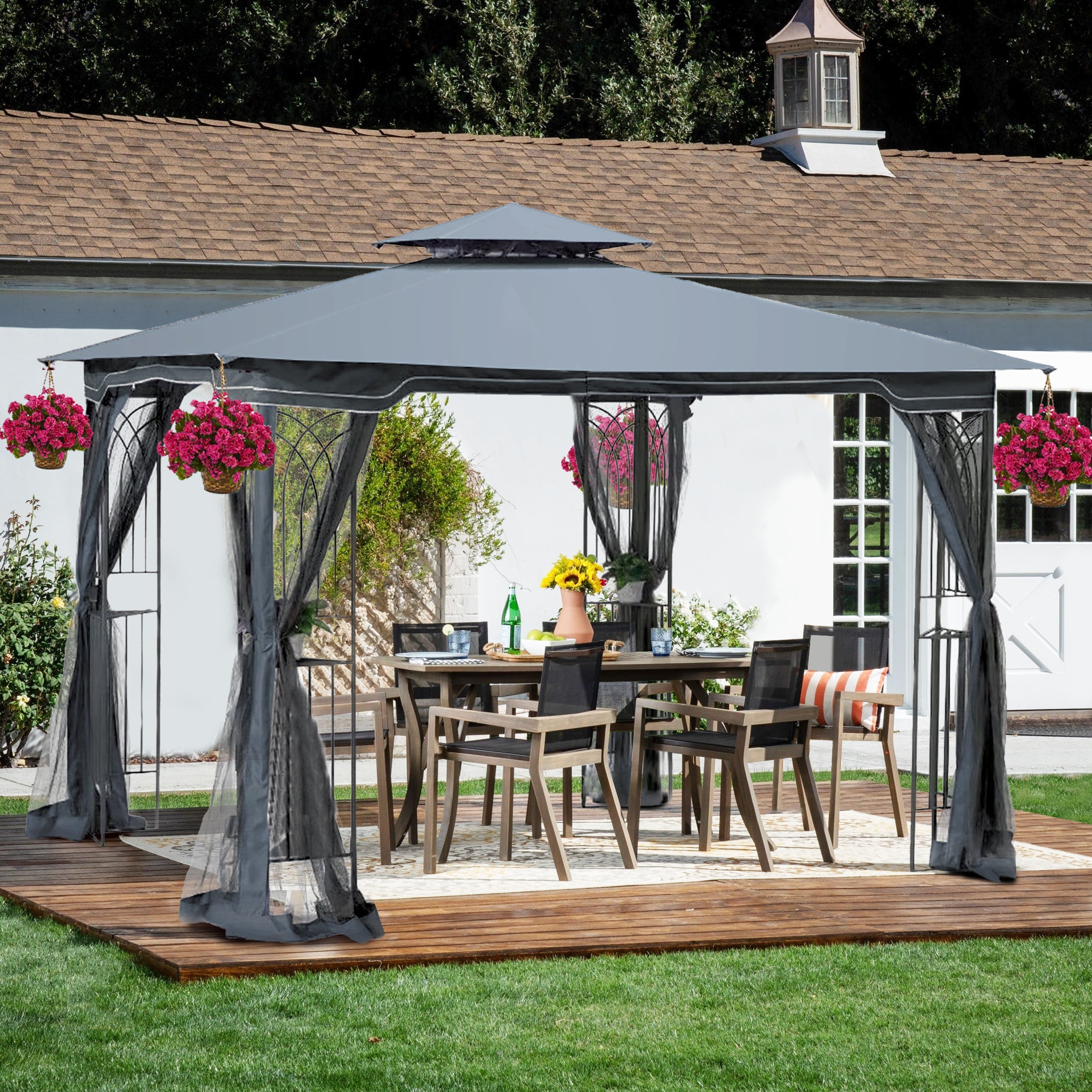 Gazebo Steel Gray 10x10 Ft Double Vented Roof Mesh Sidewalls UV-Resistant