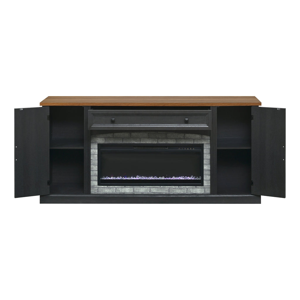 TV Stand Fireplace Black MDF Walnut Top Gray Brick 1400W Fits 70 In TV 66.9 In