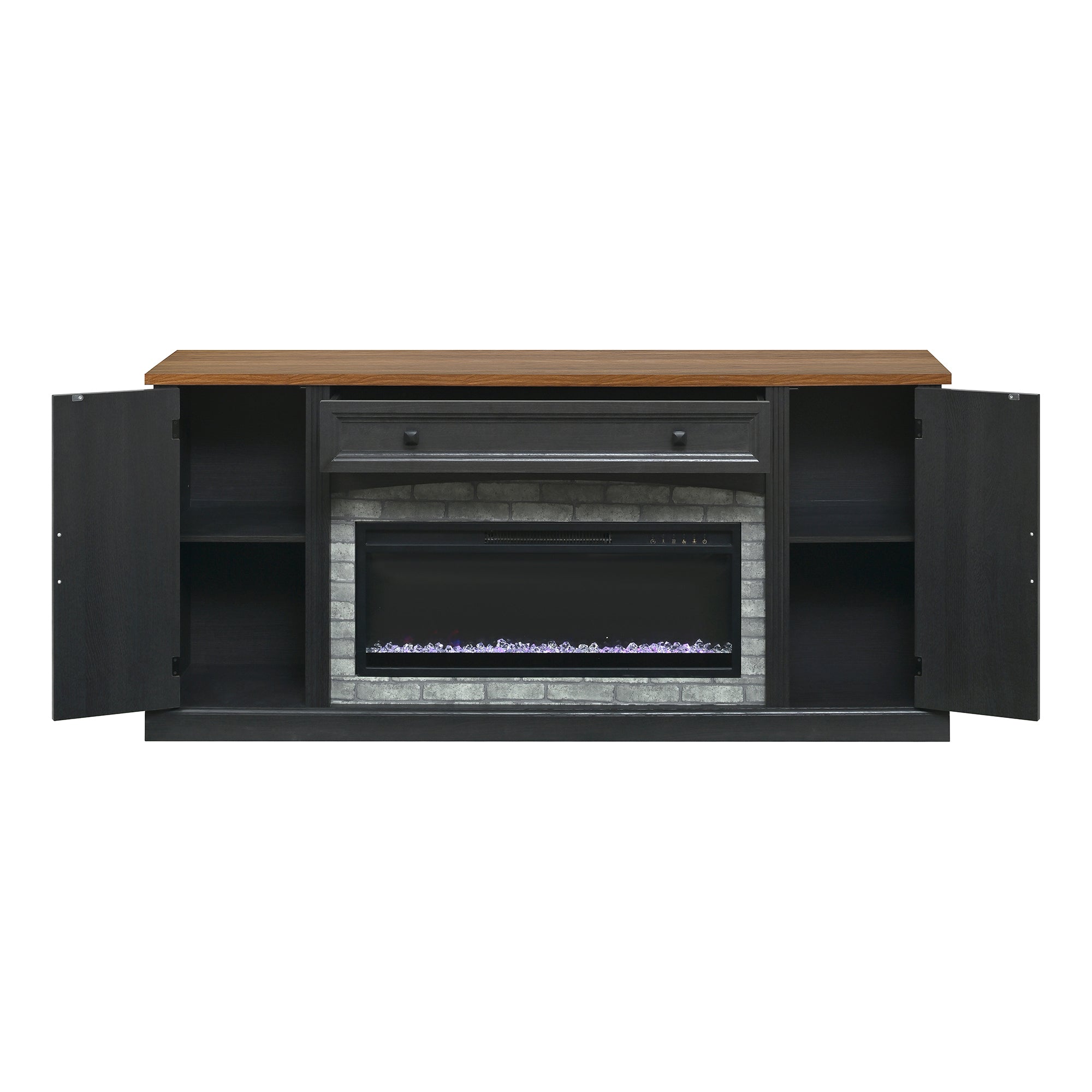TV Stand Fireplace Black MDF Walnut Top Gray Brick 1400W Fits 70 In TV 66.9 In