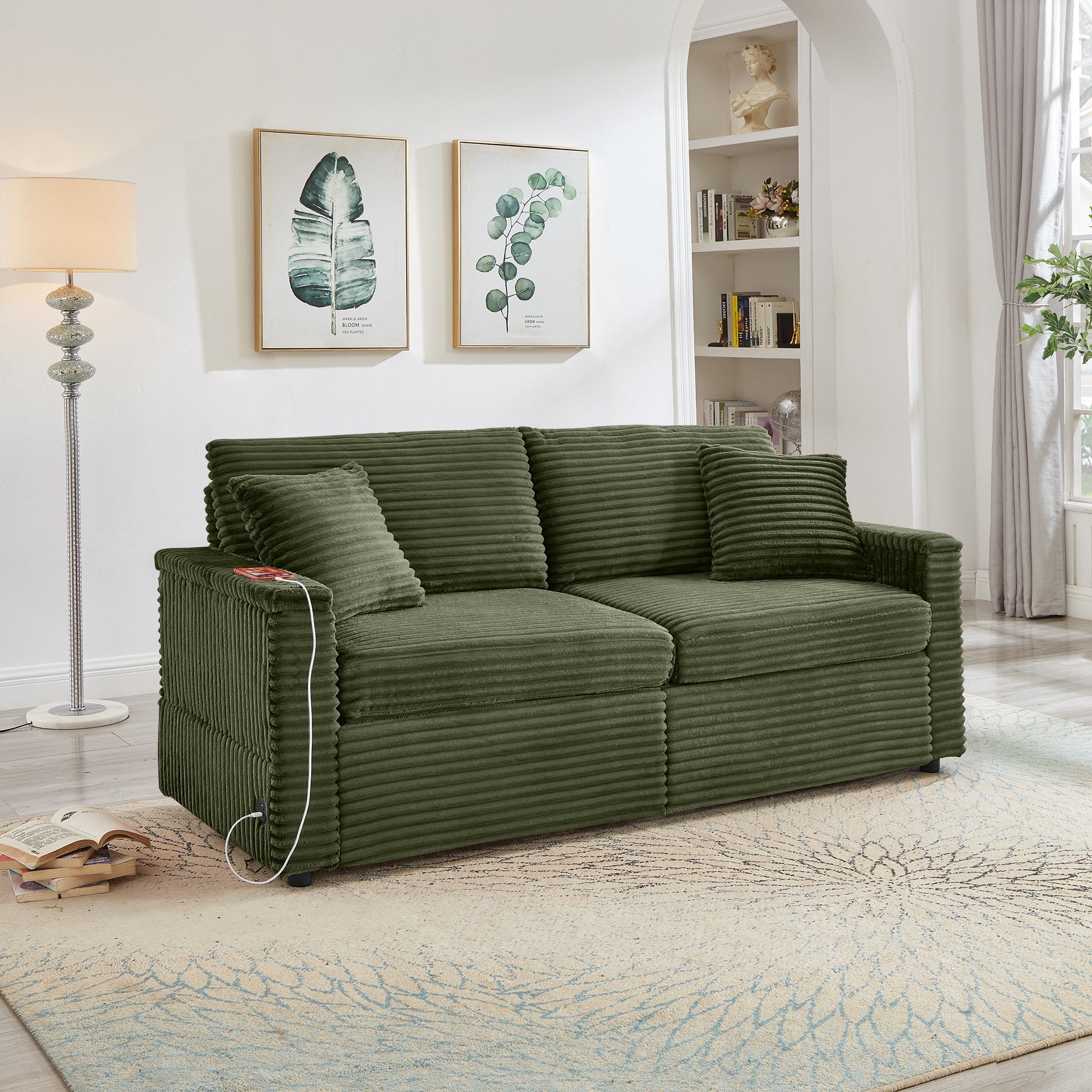 Sectional Sofa L-Shape Corduroy Green Storage Chaise 2 Ottomans USB 69 In