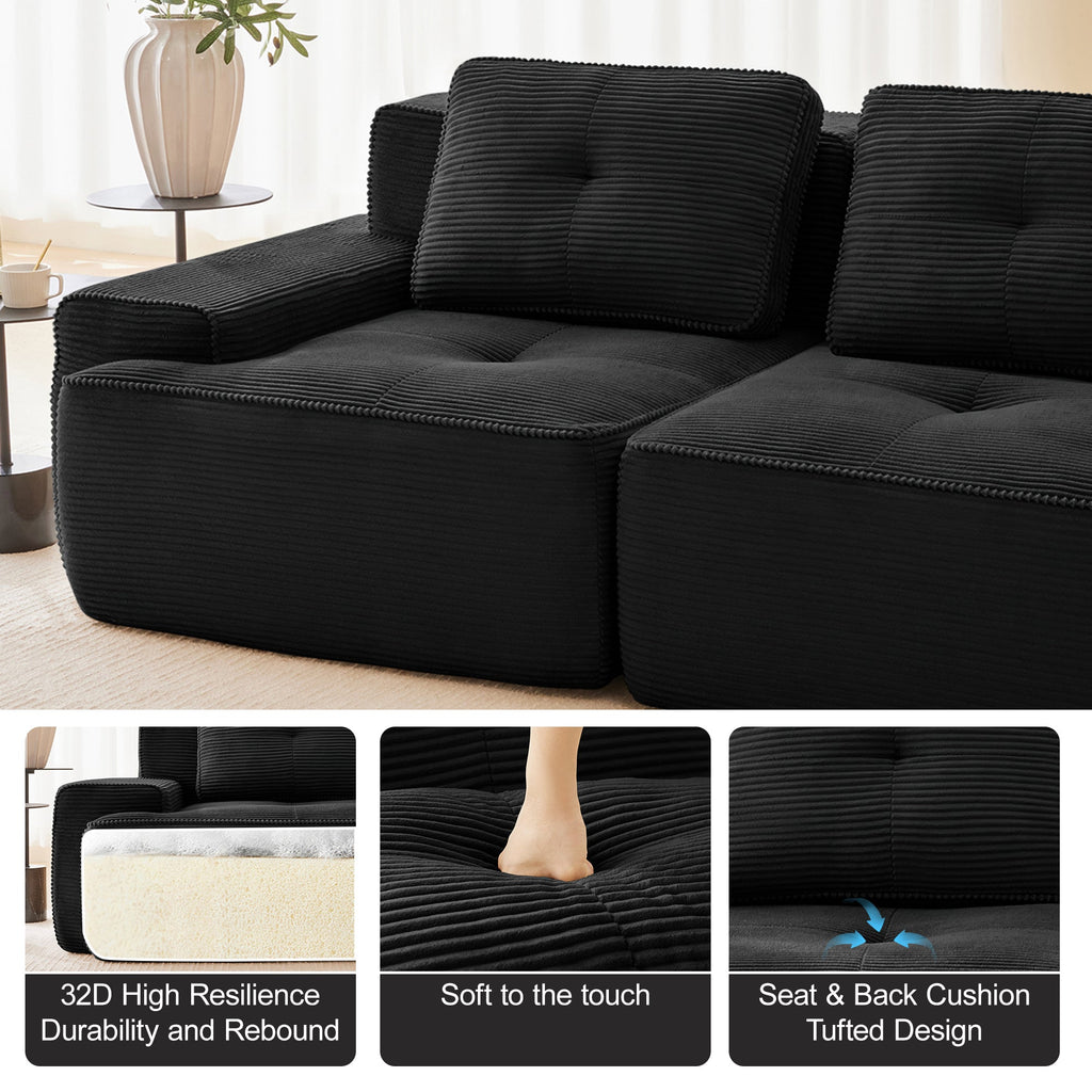 Sectional Sofa Modular Corduroy Black 3 Seater Tufted