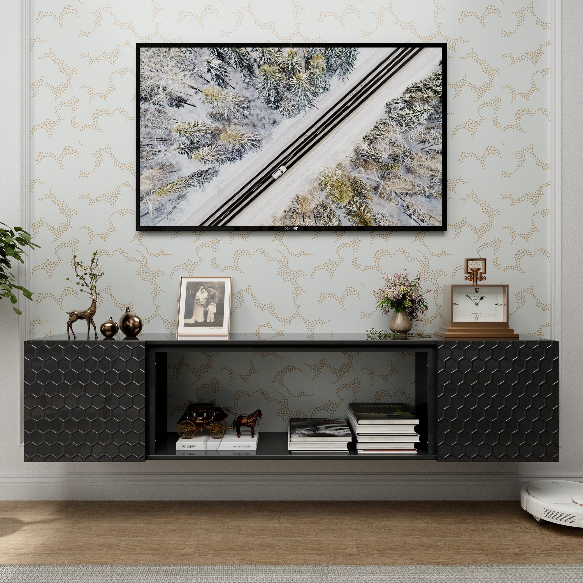 Floating TV Wall Mount Stand for 80 Inch TVs - Sturdy Wood Console, High Weight Capacity & Hidden Cable Management, Contemporary Style (Black)