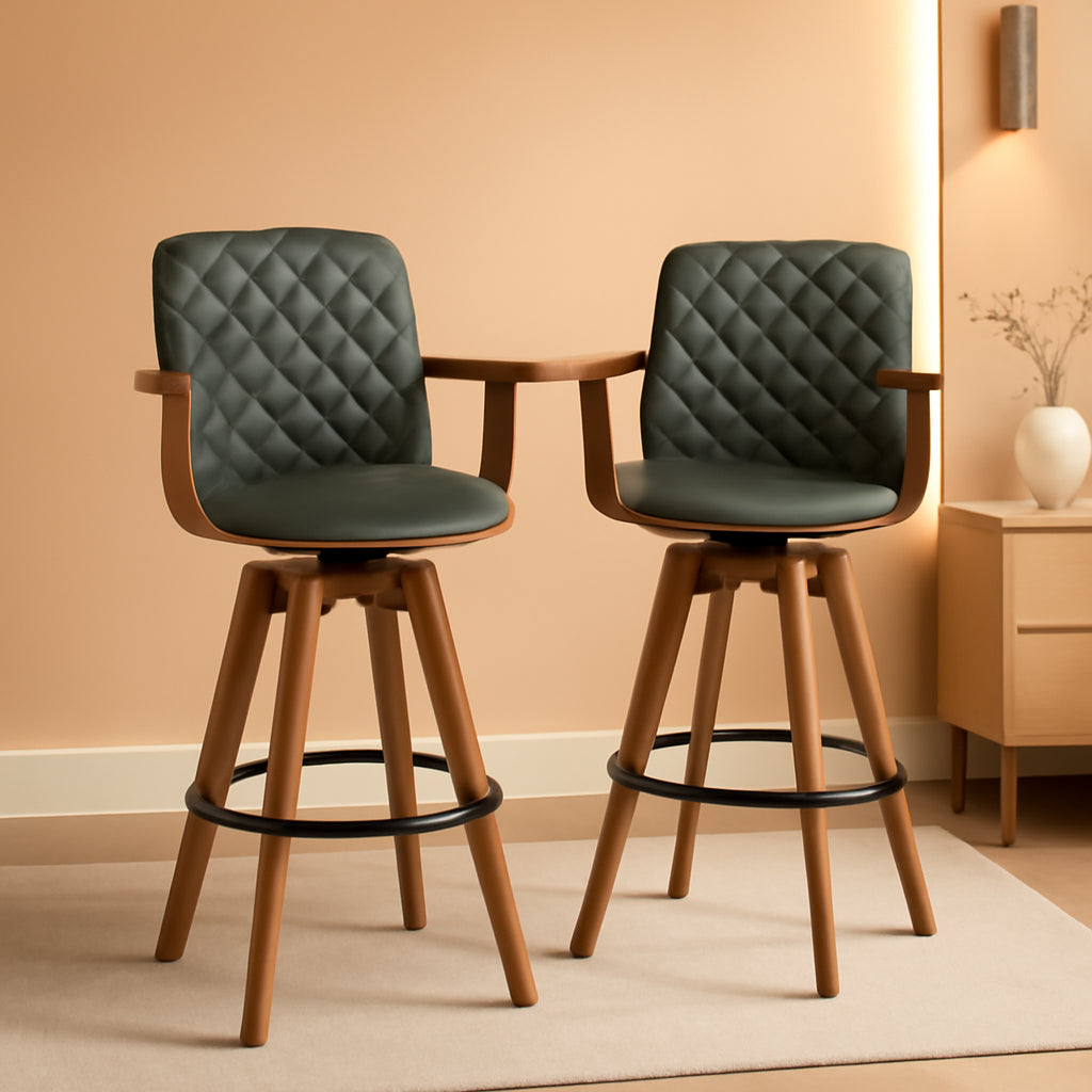 Set Of 2 Green Swivel Bar Height Stools For Kitchen Island