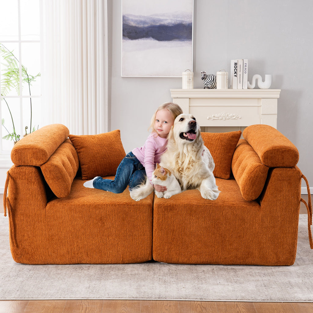 Reconfigurable 4-Seater Sectional Sofa with Wood Grain Chenille Fabric, Amber Orange Modular Sofa with 2 Pillows, High-Density Sponge Couch for Living Room & Apartment