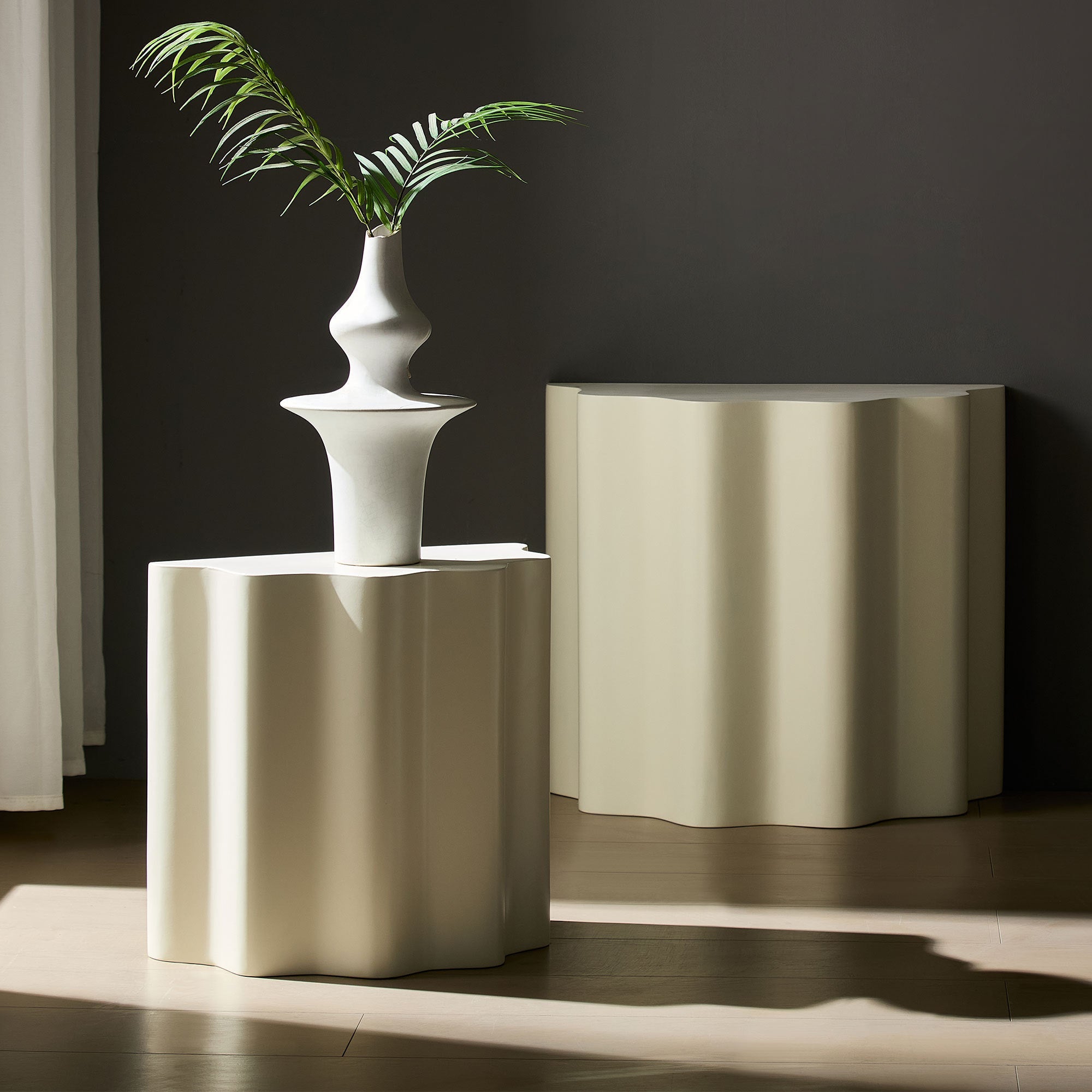 Set of 2 Wavy Edge Fiberglass Side Tables, Modern Design, No Assembly
