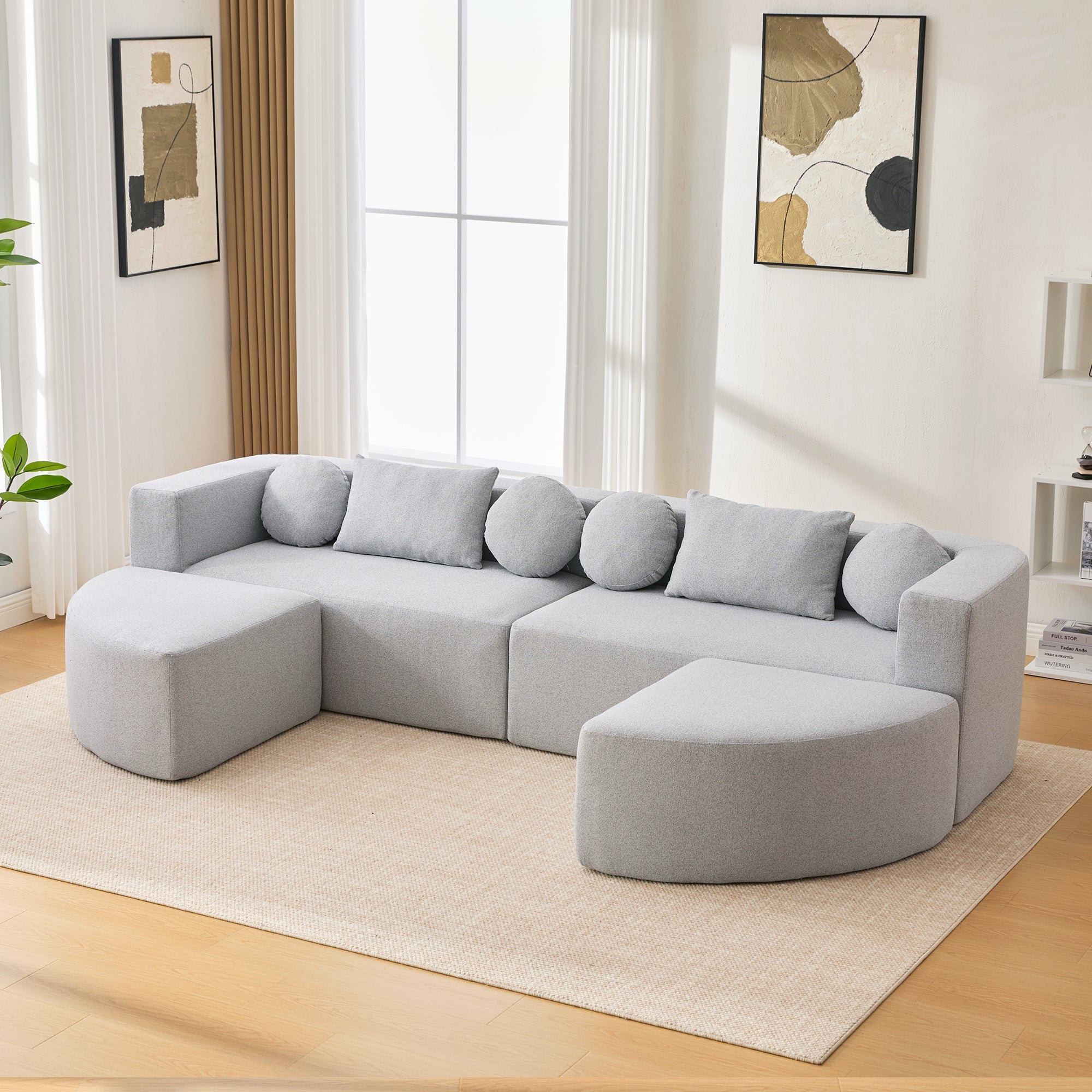 Sectional Sofa U-Shape Modular Boucle Gray 6-Seat Deep Seating 114.9x64.5 In