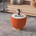 Round Sintered Stone Sofa End Table, Leather Edge, Metal Base, Living Room