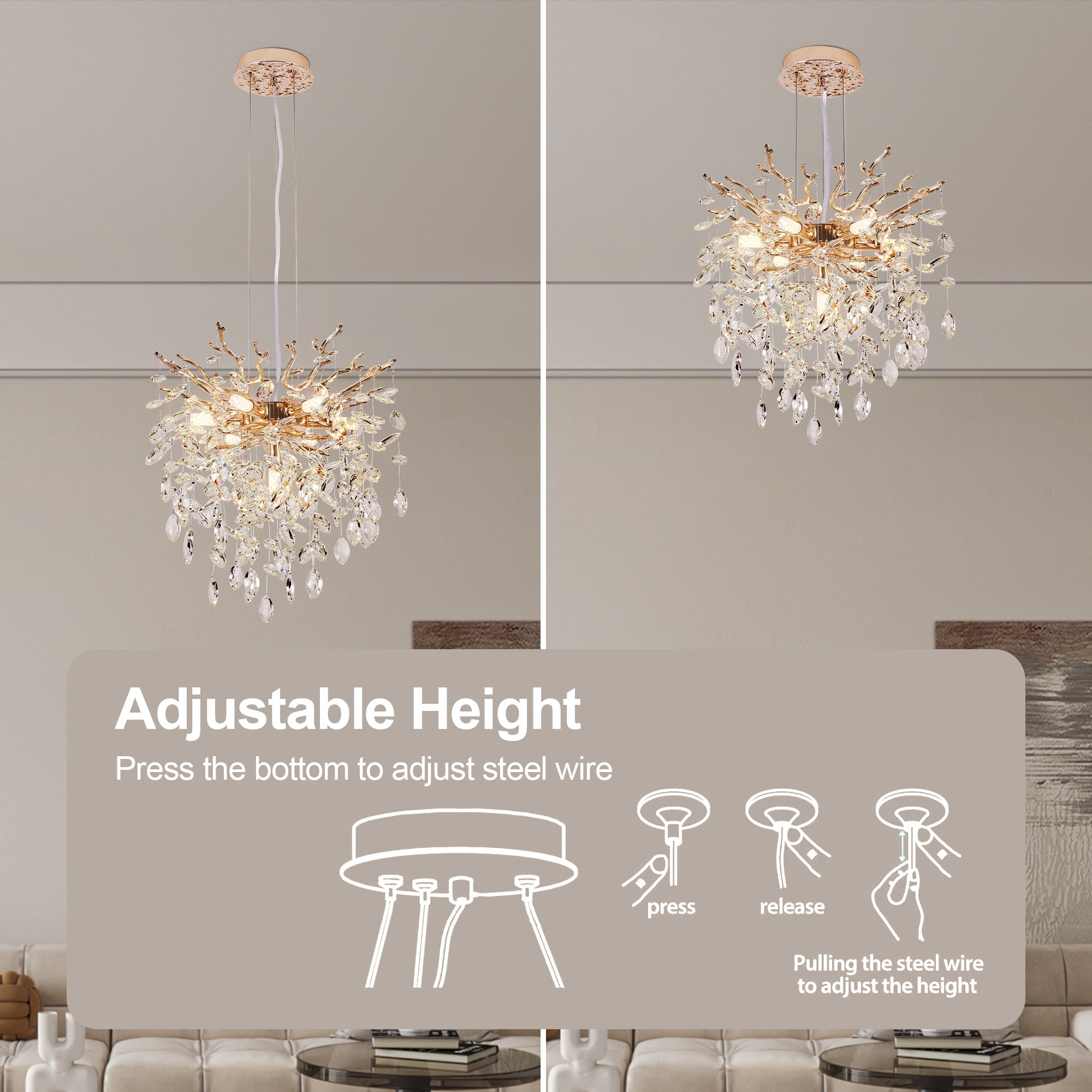Chandelier Tree Branch Crystal Gold 7-Light Modern 18 In Living Dining