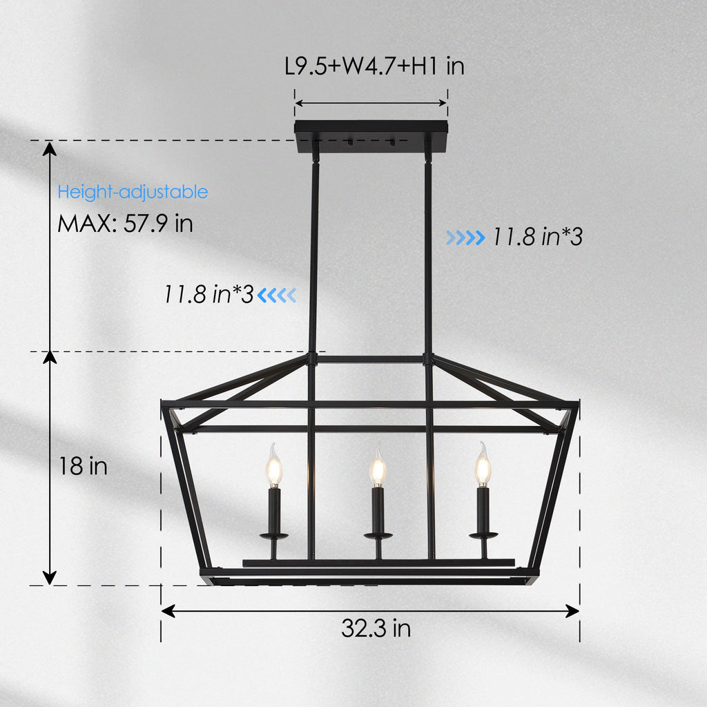 Chandelier Industrial Linear 3-Light Matte Black Metal Pendant Kitchen