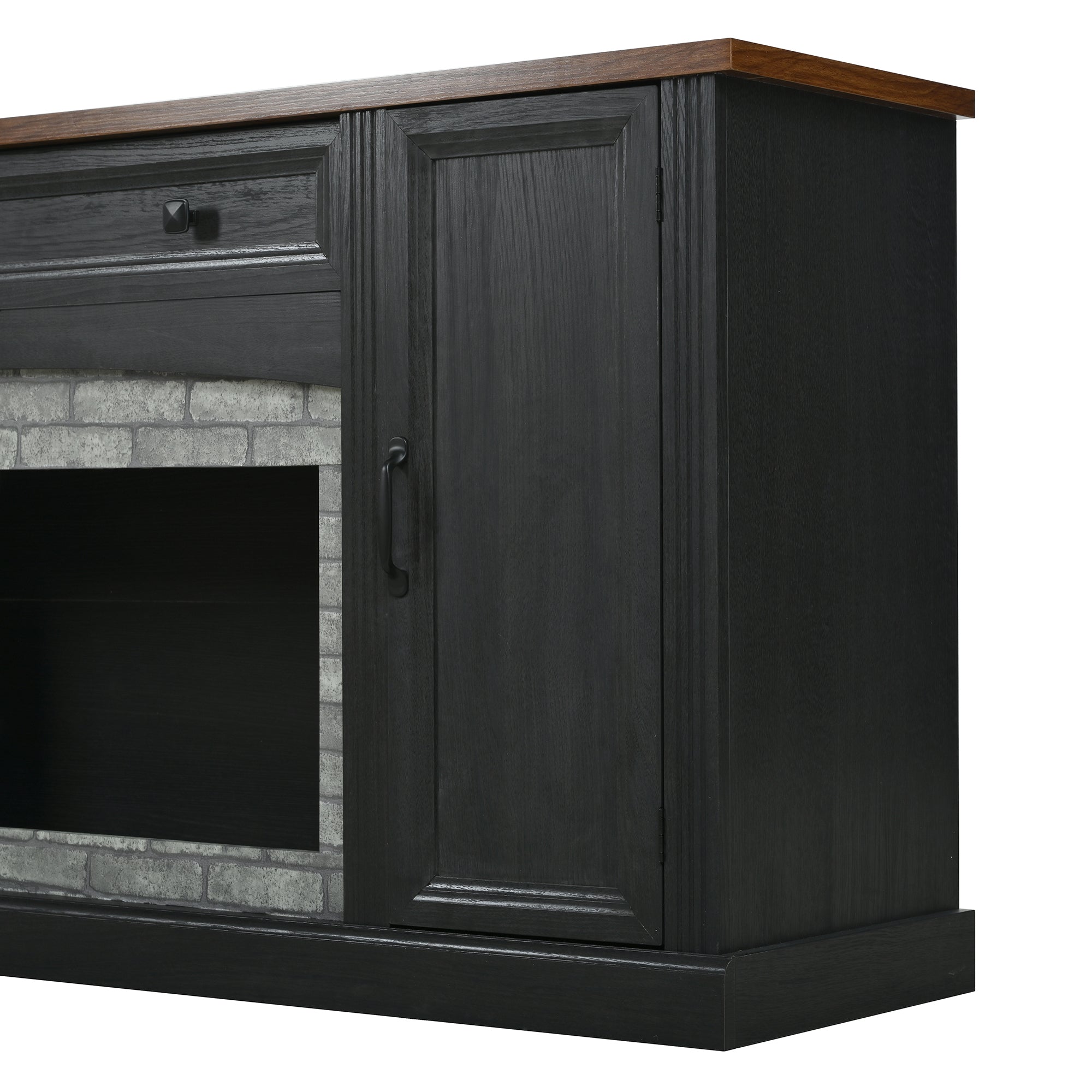 TV Stand Modern Walnut Top Gray Brick MDF Sliding Door Fits 70 In TV 66.9 In