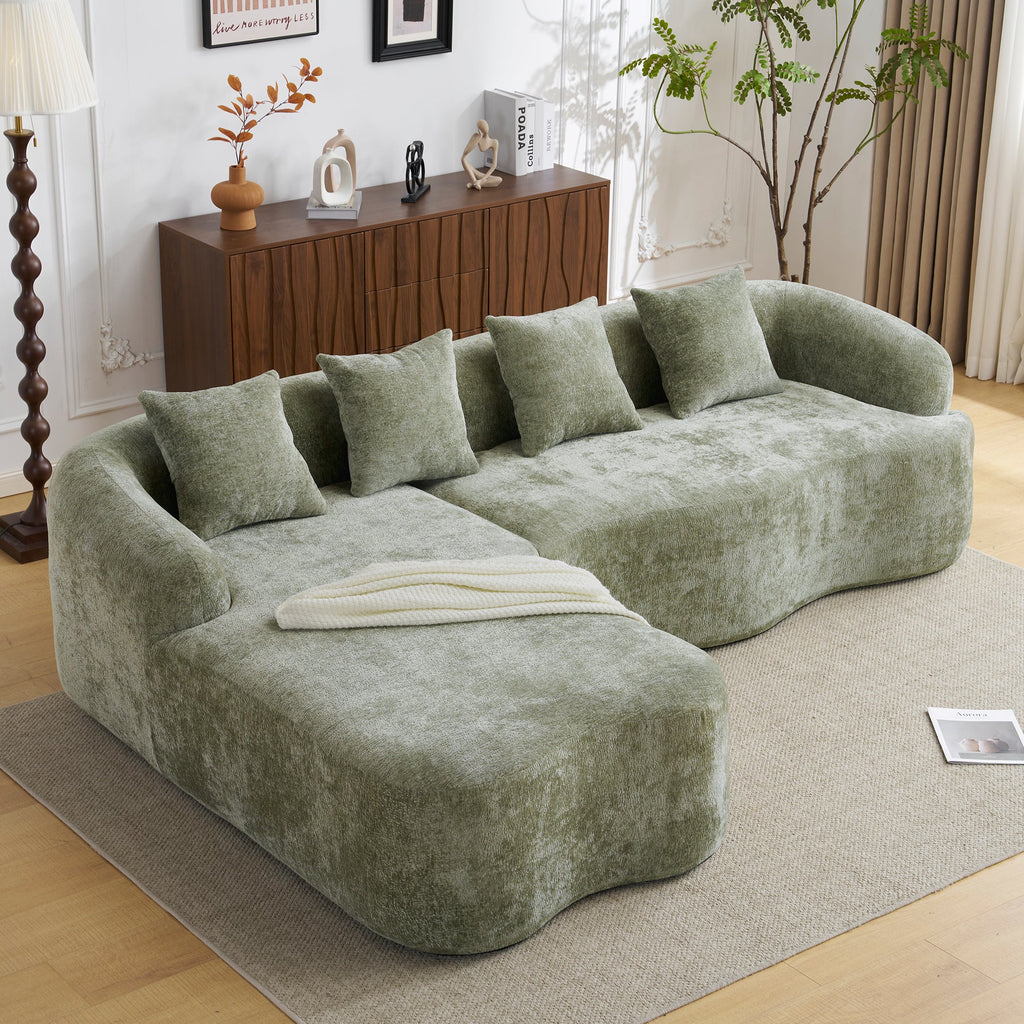 Sectional Sofa l Shape Chenille Green Curved Chaise with Foam and Spring Support