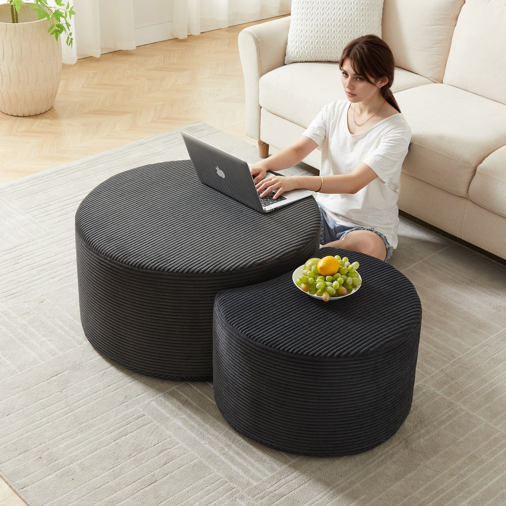 Upholstered Round Coffee Table Set of 2, Black Corduroy Fabric, No Assembly