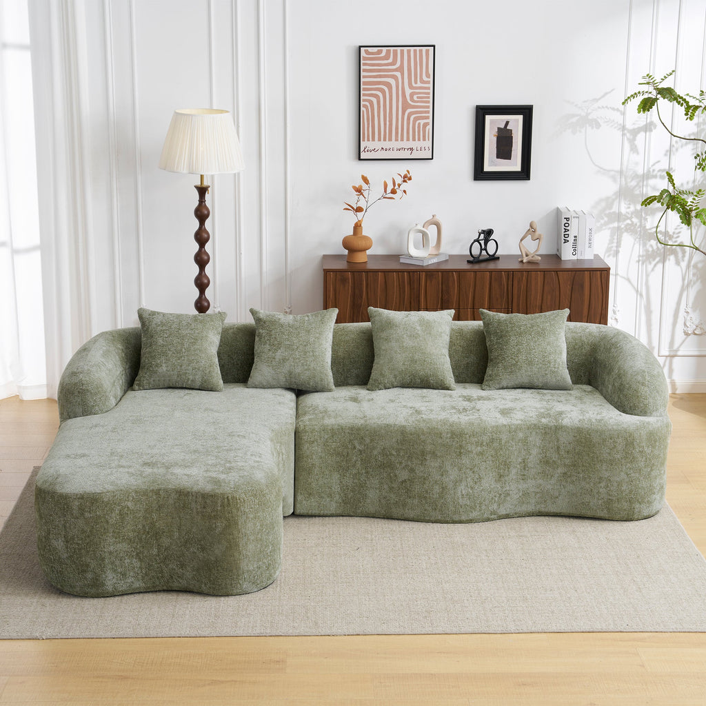 Sectional Sofa l Shape Chenille Green Curved Chaise with Foam and Spring Support