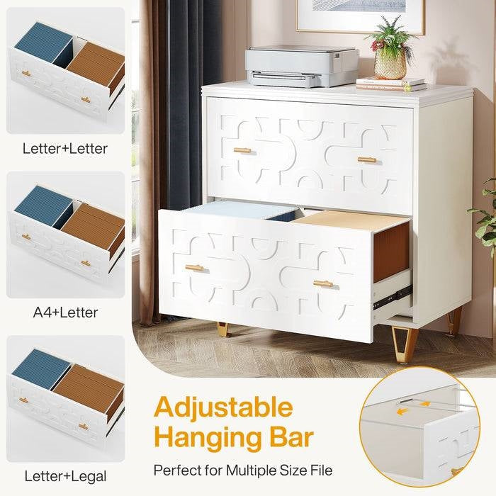 Retro White/Gold Geometric Scroll 2 Drawer Filing Cabinet Printer Stand