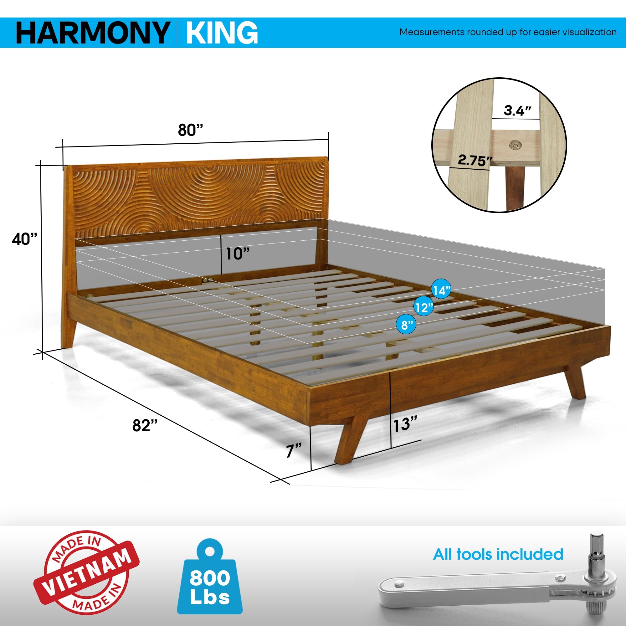Acacia Harmony Solid Wood Platform Bed Frame with Headboard