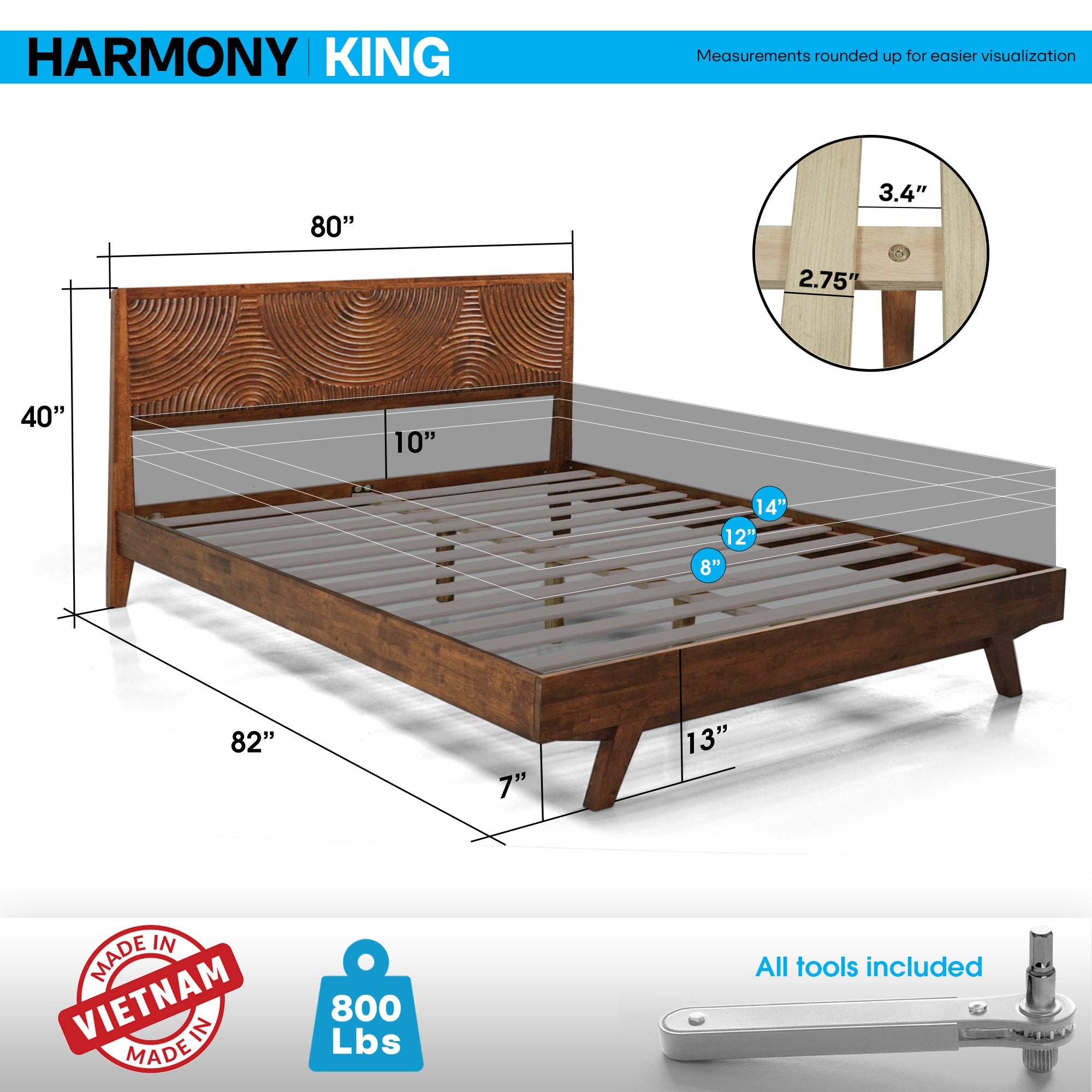 Acacia Harmony Solid Wood Platform Bed Frame with Headboard