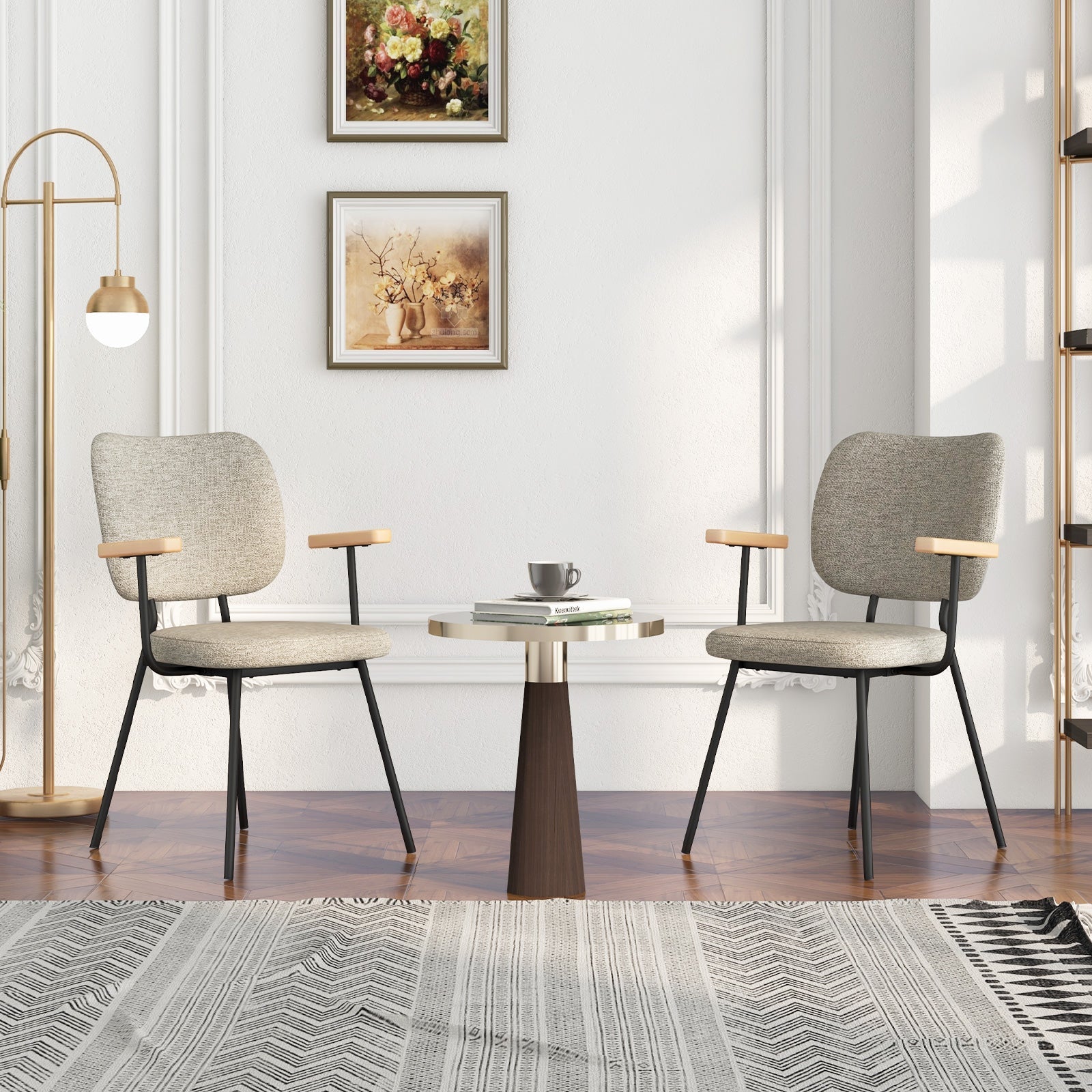 Set of 2 Modern Fabric Dining Chairs with Armrest and Curved Backrest