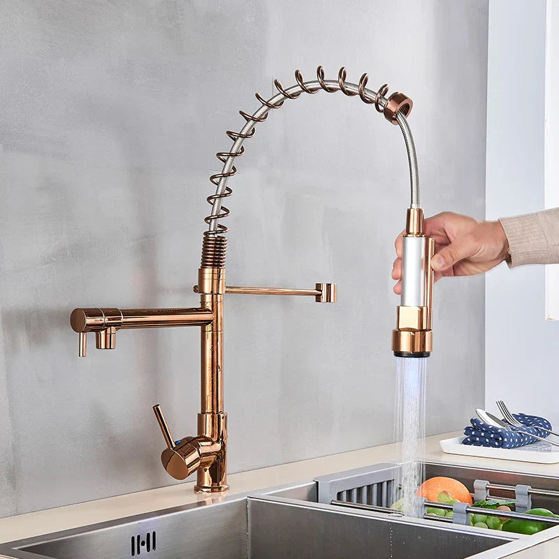 DecorBites™ LED Light Rose Gold Kitchen Faucet with Pull Down Spring Swivel Spout