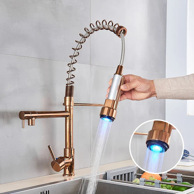 DecorBites™ LED Light Rose Gold Kitchen Faucet with Pull Down Spring Swivel Spout