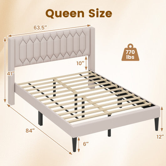 Queen Size Dutch Velvet/Linen Fabric Upholstered Platform Bed with Wingback Headboard and Wooden Slat Support-Gray?