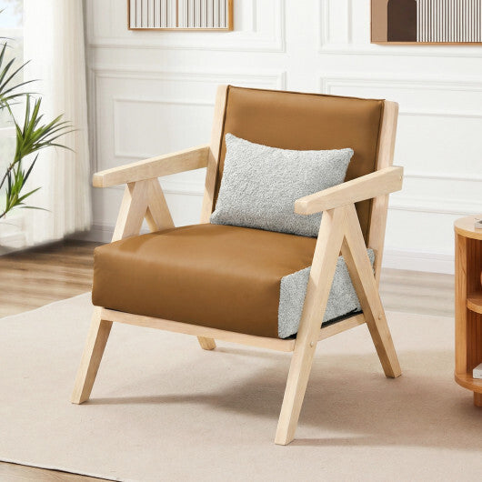 Mid-Century Modern Accent Chair Artificial Leather Sofa Chair with Rubber Wood Frame-Brown