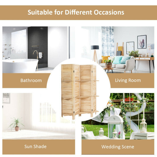 4 Panel Folding Room Divider Screen with 3 Display Shelves-White