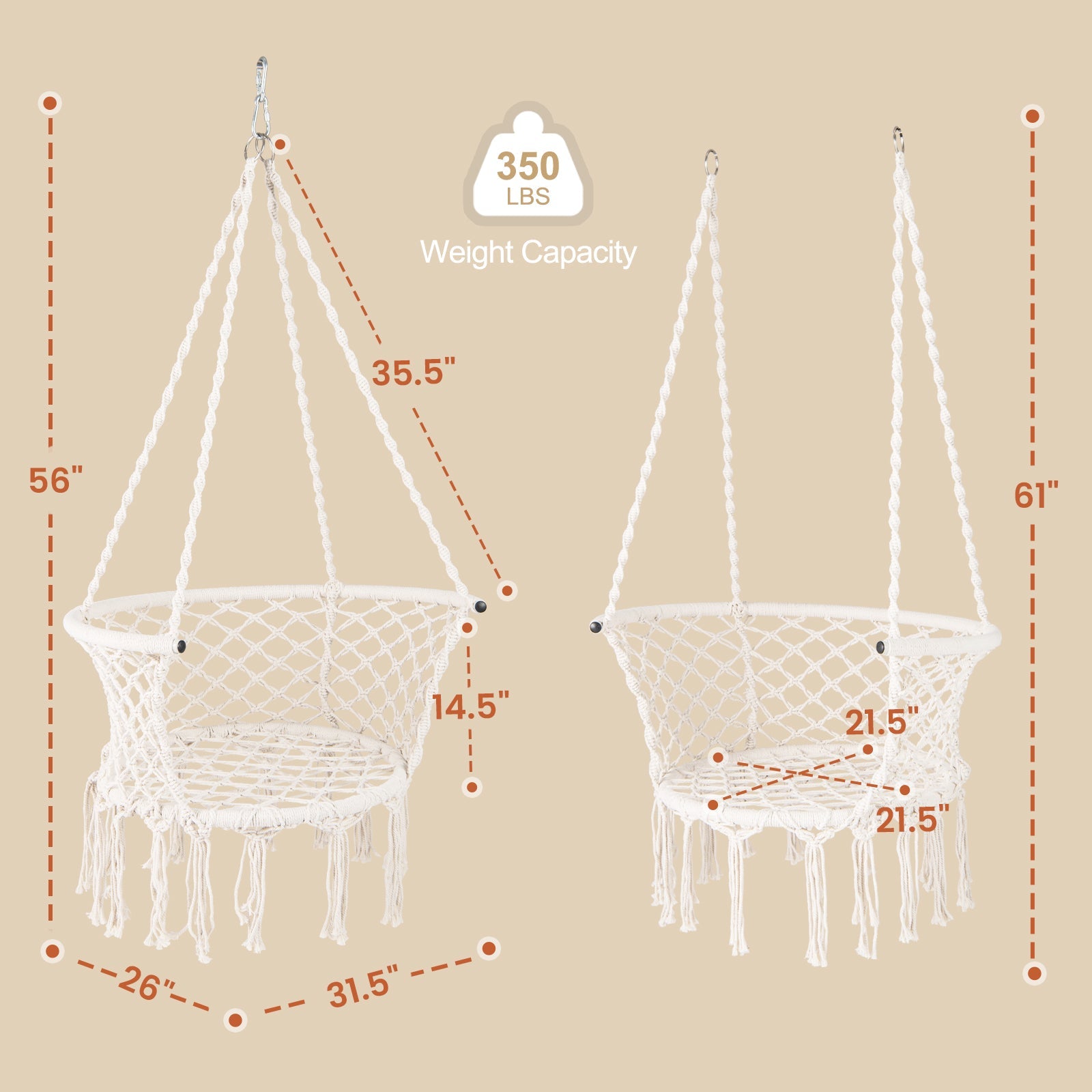 Hammock Chair Macrame Swing Hanging Cotton Rope Chair-Beige
