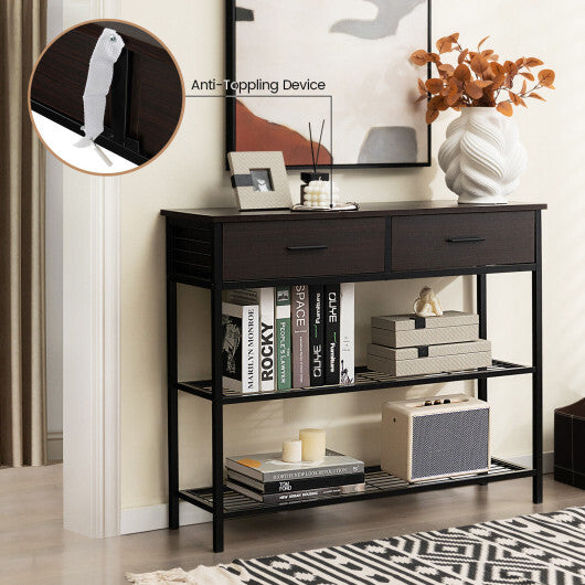 39.5 Inch Entryway Table with 2 Drawers and 2-Tier Shelves-Dark Brown - Color: Dark Brown