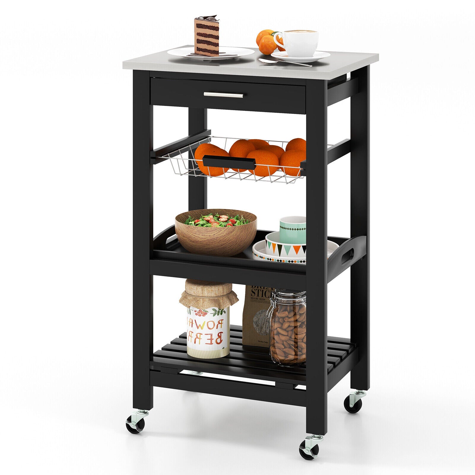 Kitchen Island Cart with Stainless Steel Tabletop and Basket