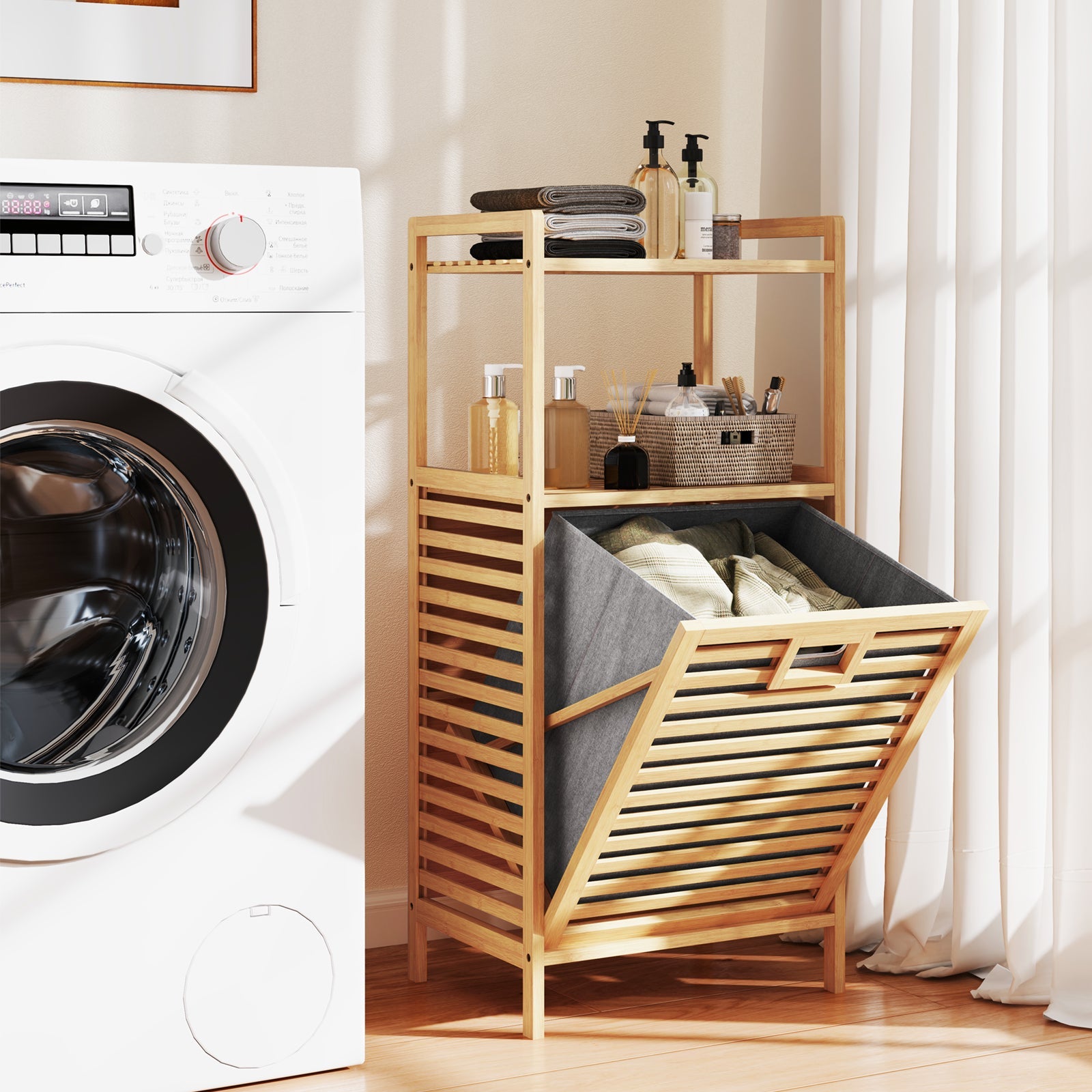 Bamboo Tilt out Laundry Hamper with Foldable and Removable Basket-Natural