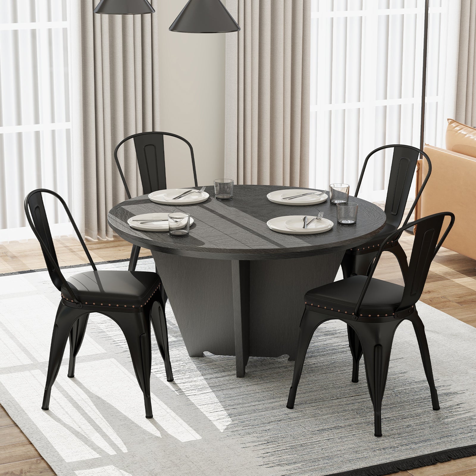 Metal Dining Chair Set of 4 Stackable Kitchen Chairs with Removable Backs and PU Leather Cushioned Seat-Black
