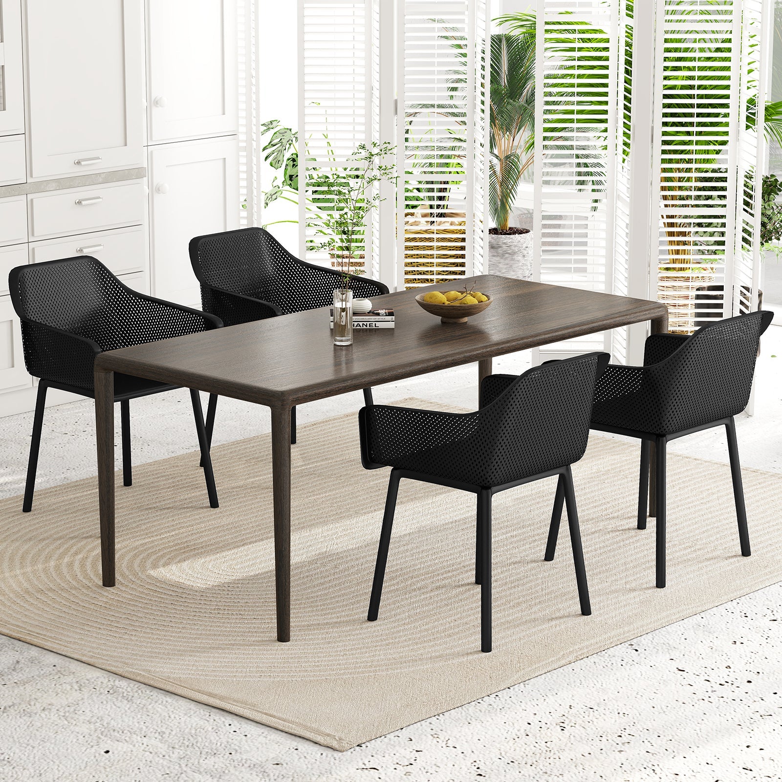 Modern Plastic Dining Chairs Set of 4 Kitchen Armchairs with Breathable Mesh Backrest-Black