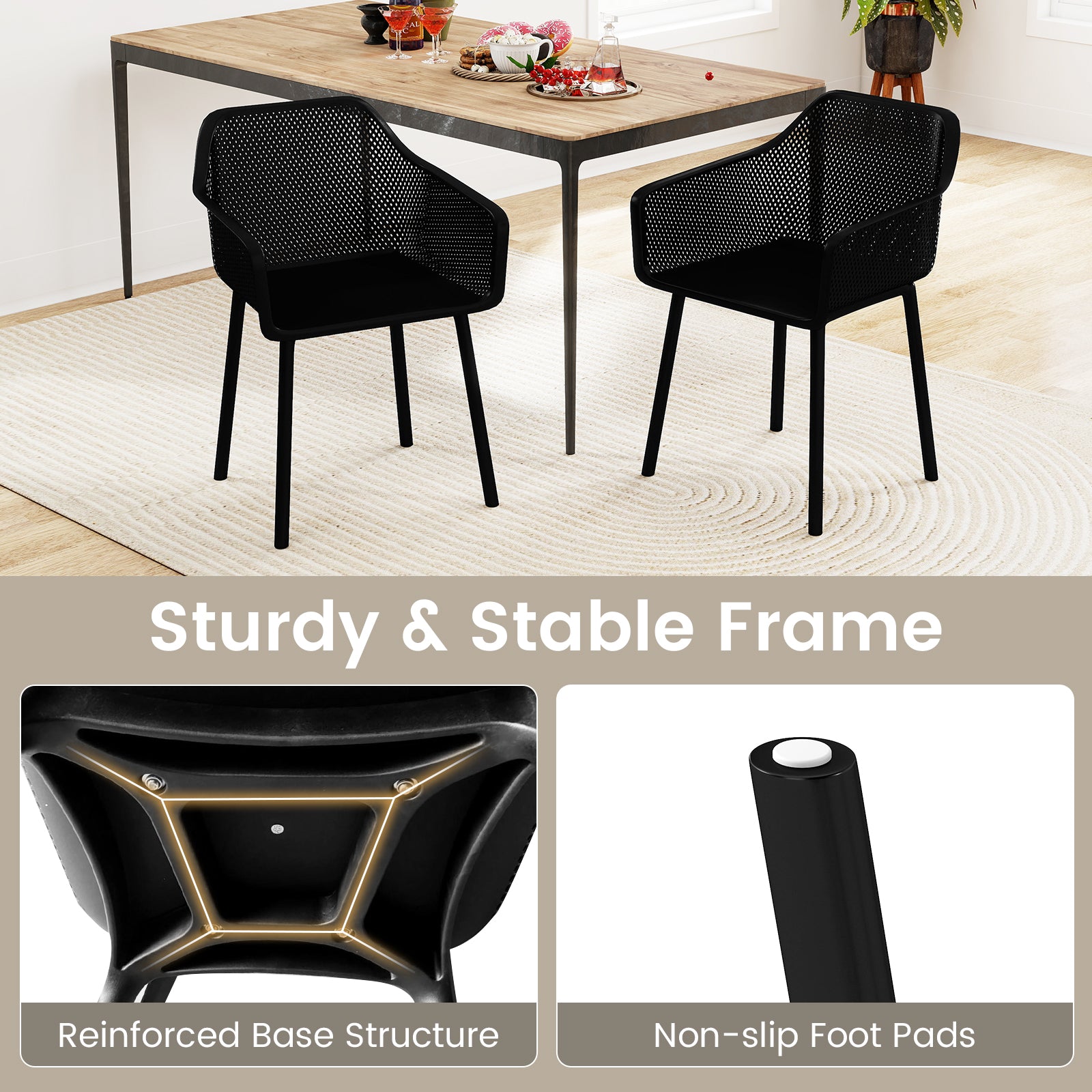 Modern Plastic Dining Chairs Set of 4 Kitchen Armchairs with Breathable Mesh Backrest-Black