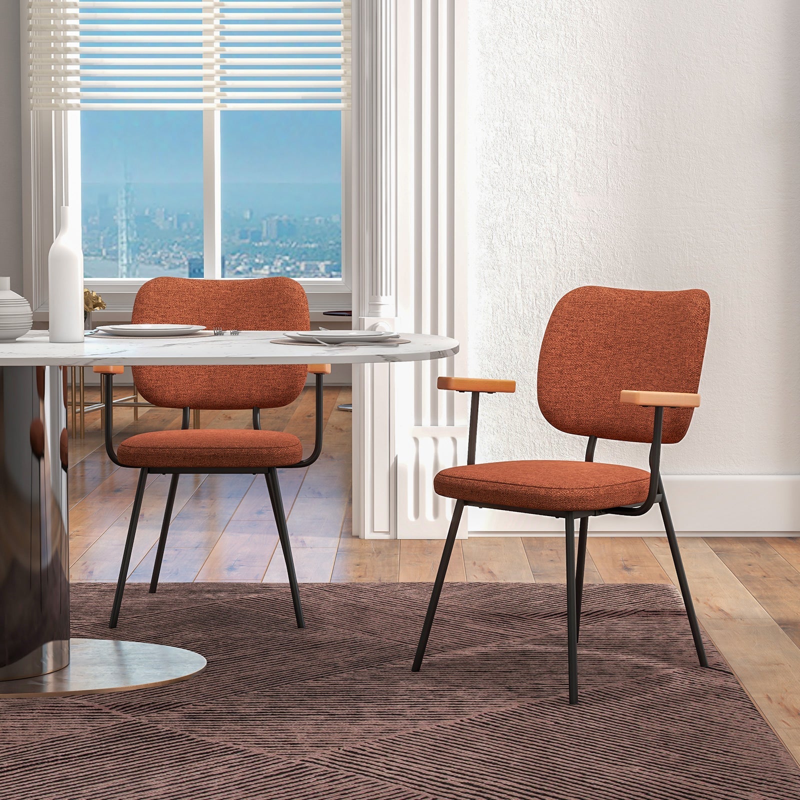 Set of 2 Modern Fabric Dining Chairs with Armrest and Curved Backrest