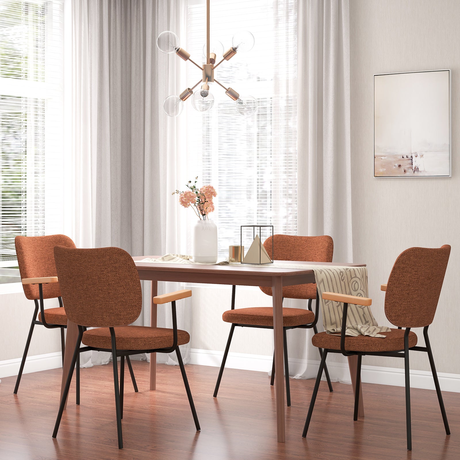 Set of 2 Modern Fabric Dining Chairs with Armrest and Curved Backrest