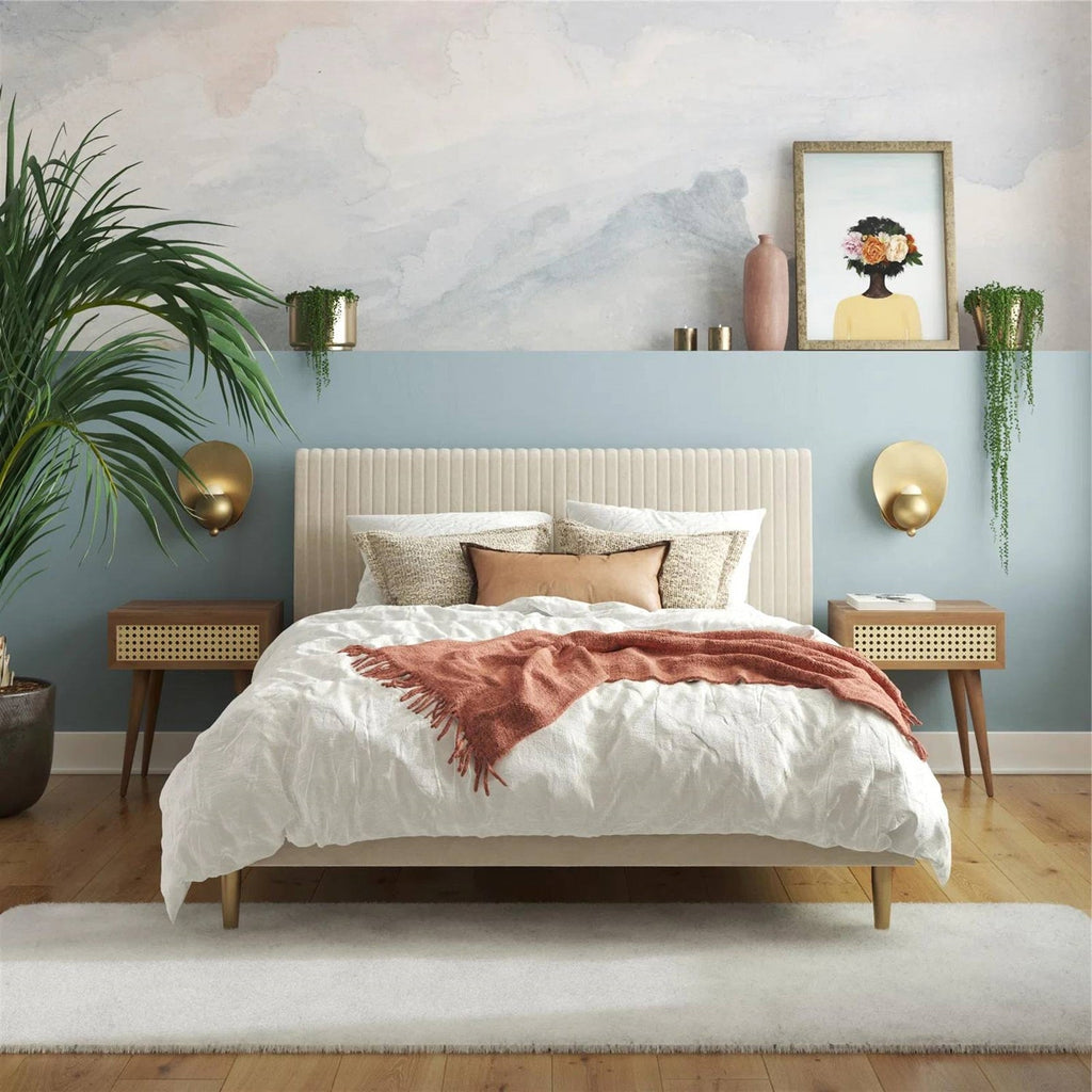 Queen Mid-Century Ivory Cream Velvet Upholstered Platform Bed with Headboard