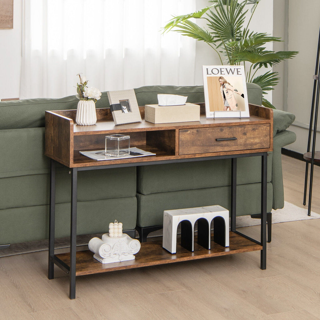 Long Console Table with Drawer and Metal Frame-Rustic Brown